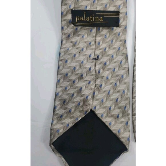Palatina Mens 100% Silk  Geometric Made in USA 4.5 neutral colors Blue Cream Vtg - Picture 3 of 8